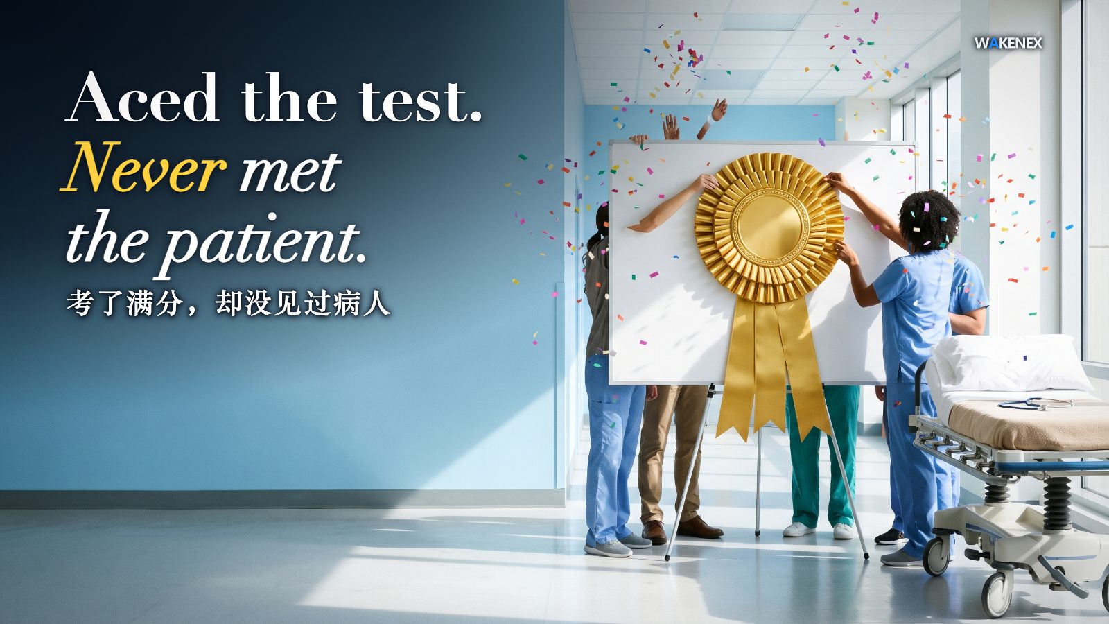 A bright, sunlit hospital hall where staff in scrubs, seen only from behind, pin a huge gold first-place prize rosette onto a blank white board amid falling confetti, celebrating; to the right an empty hospital gurney with a folded blanket and a stethoscope sits unattended. Overlaid title: 'Aced the test. Never met the patient.' with a line of Chinese beneath.